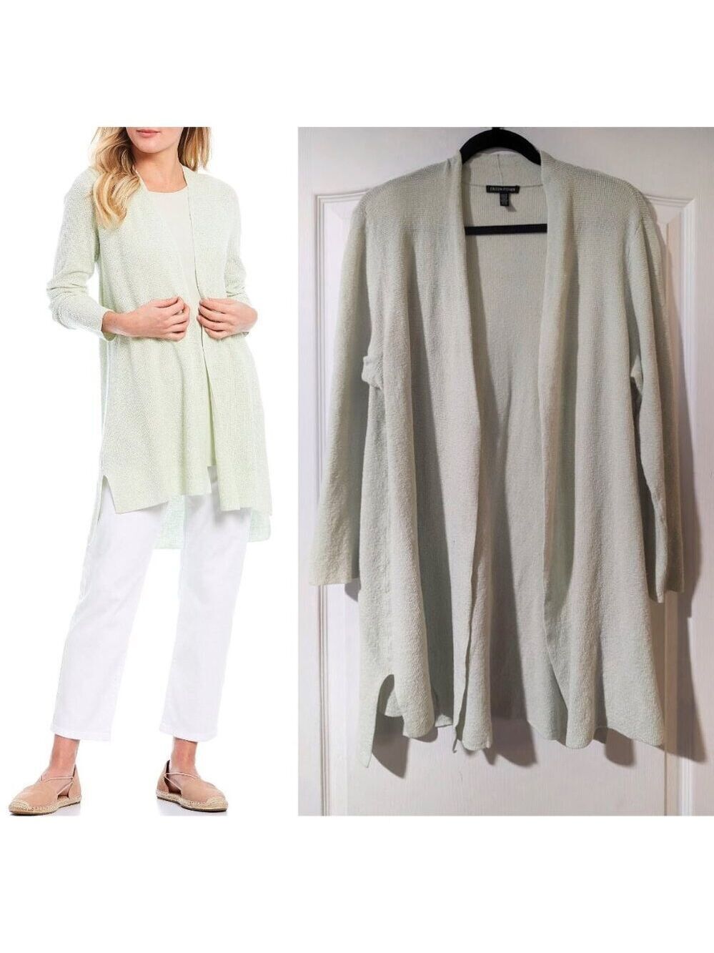 Eileen Fisher | Organic Linen Crepe Stretch Long Cardigan In Mist Green